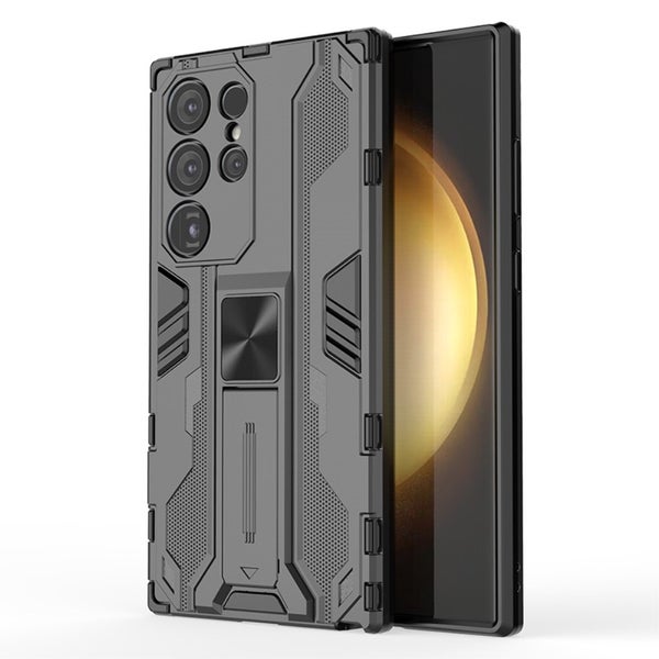 Samsung Galaxy S24 Ultra 5G panssari suojakuori jalustalla, musta