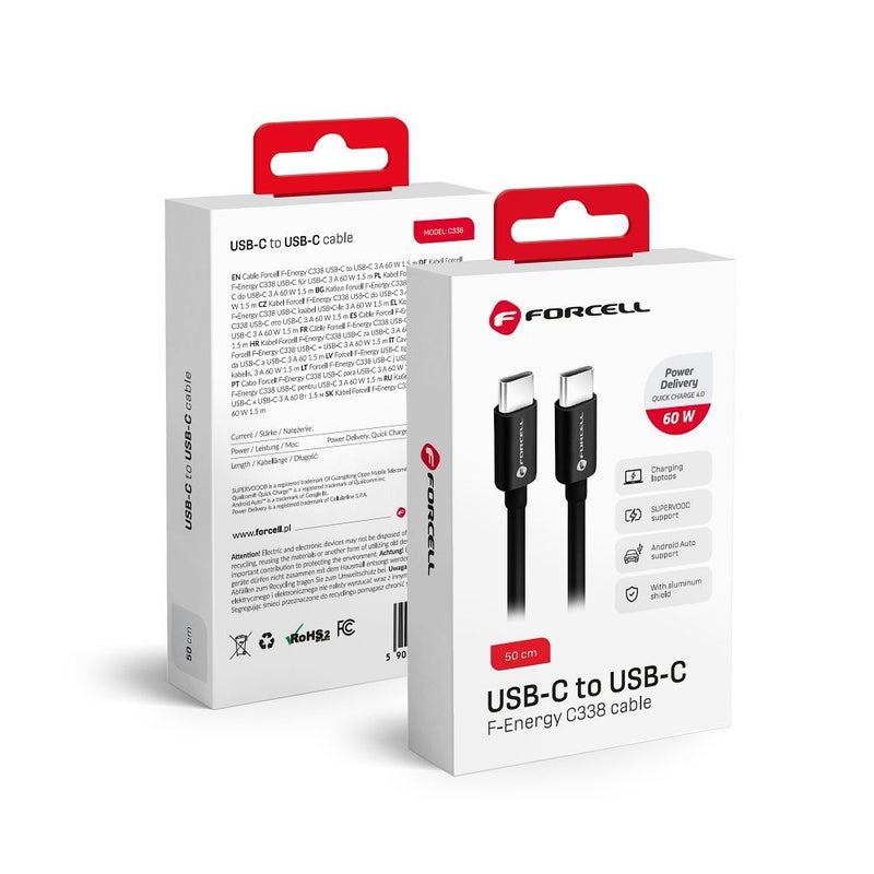 Forcell 60W USB-C &ndash; USB-C kaapeli 50 cm, musta