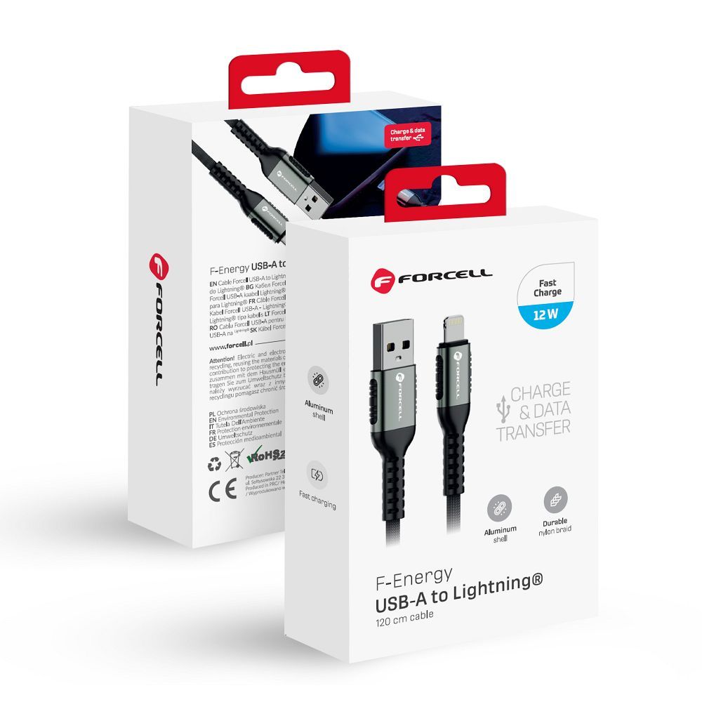 Forcell USB-A – Lightning 12W punottu kaapeli, 120cm